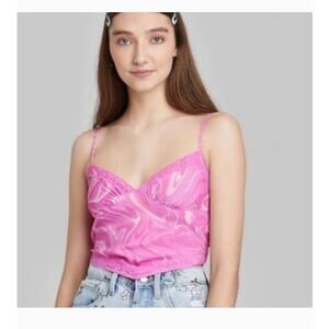 Wild Fable Women's XL Lace Trim Satin Cami Pink Swirl Smocked Cute Y2K Crop